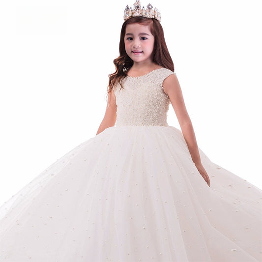 Girls ' Pearls Tulle Sleeveless Stunning First Communion Dress Round Neck Flower Girl Dress for Wedding Princess Prom Party Dresses Formal Gowns