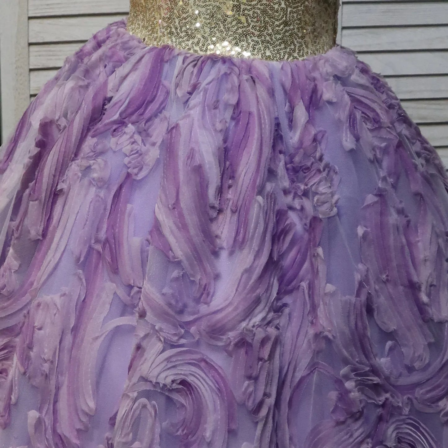Yellow and Purple Chinese Collar Long Floral Dress for Flowery Children Flower and Pearl Design, suitable for weddings