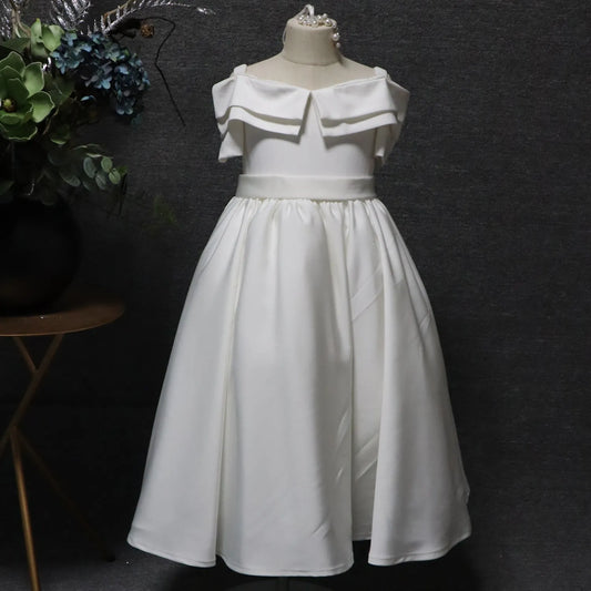 White Shoulder Medium Length Flower Girl Dress for Wedding Satin Fabric First Communion Dress Birthday Party Dress
