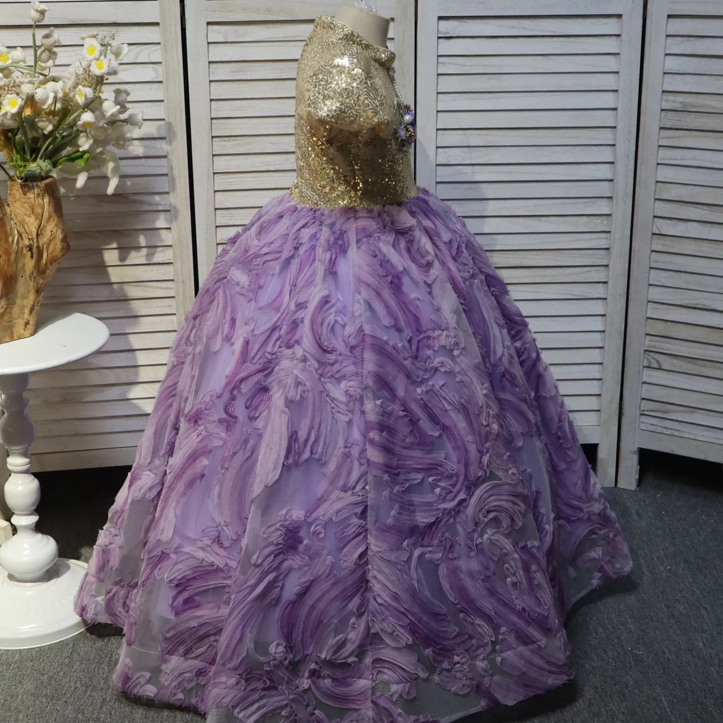 Yellow and Purple Chinese Collar Long Floral Dress for Flowery Children Flower and Pearl Design, suitable for weddings