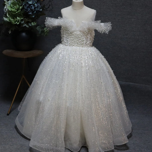 Bling Bling White Beading Pearl Sequins Wedding Flower Girl Dresses A-Line Princess  Sleeveless Backless Floor-Length  Long Tulle Dress for Christeningsand Graduations