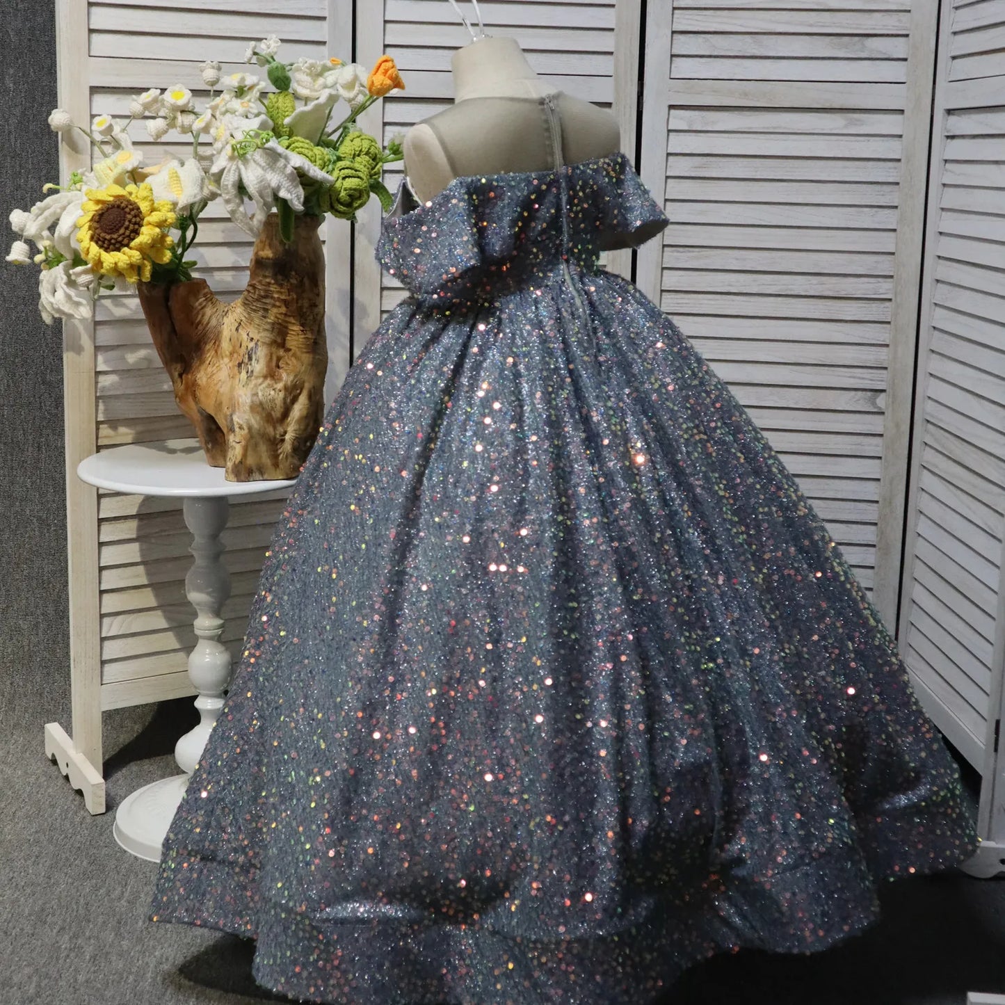 Grey-Blue One-Shoulder Long Flower Girl Dress with Sequins Birthday Party Dress Formal Occasions Princess Dress