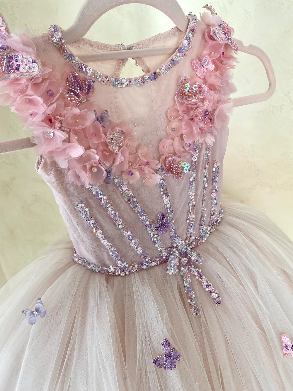 Pink Tulle Flower Girl Dress For Wedding Crystals Beads Birthday Party Dress