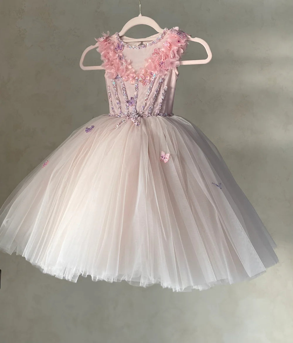 Pink Tulle Flower Girl Dress For Wedding Crystals Beads Birthday Party Dress