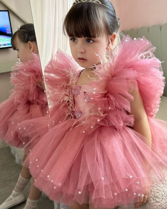 Pink Flower Girl Dresses Feathers Ruffles Girls Pageant Ball Gowns Pearls Birthday Party Dress for Kids