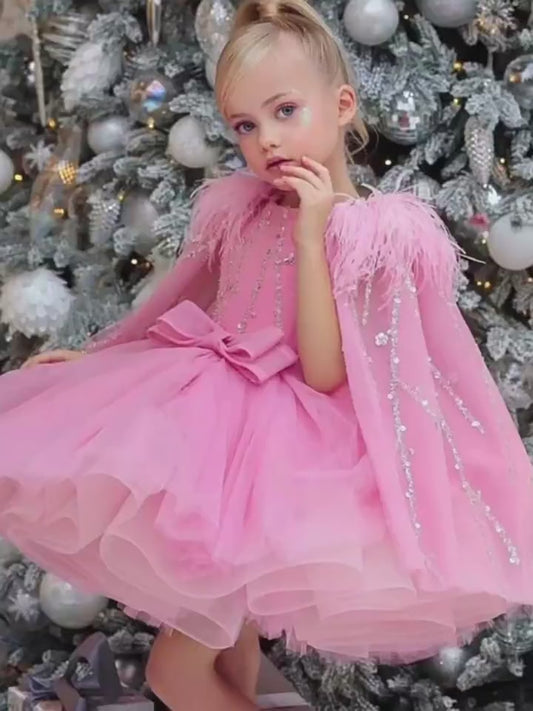 Sparkly Sequin Flower Girl Dresses Tiered Birthday Party Gowns Princess Glitter Pageant Dress with Feather Cloak